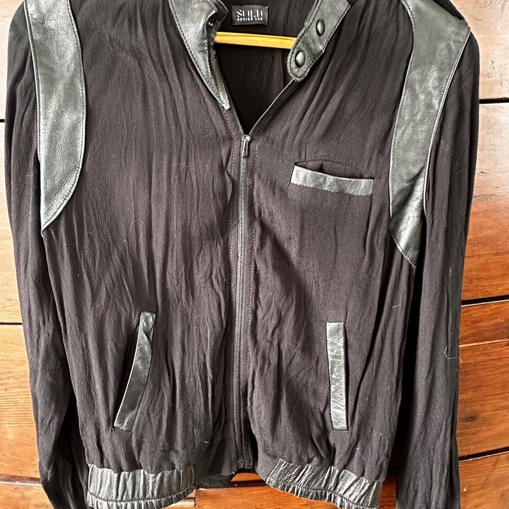 Black bomber jacket with leather accents